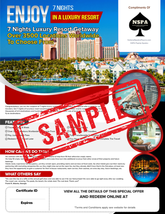 NSPA Pop-Up Spades - 7 Nights Resort Getaway Prize Package