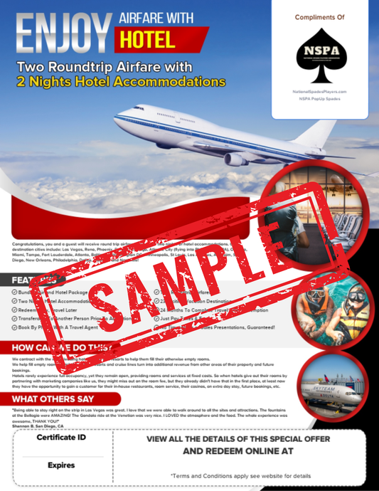 NSPA Pop-Up Spades - Airfare & Hotel Getaway for Two Prize Package